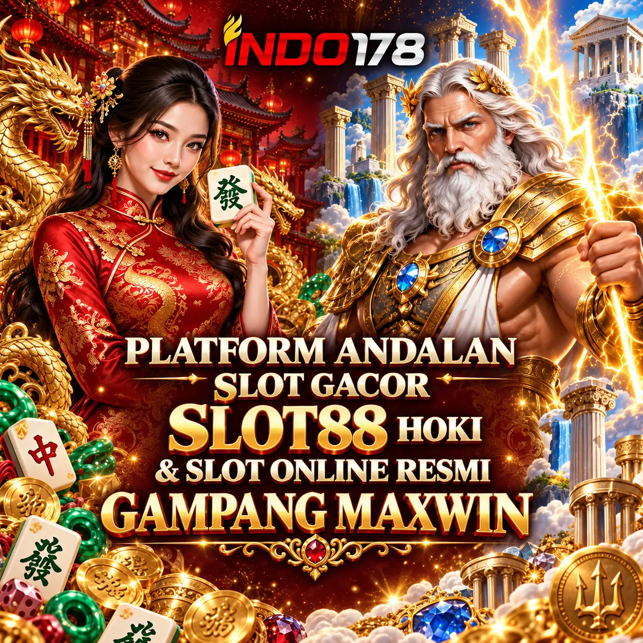 Banner INDO178 bertema Mahjong dan Zeus